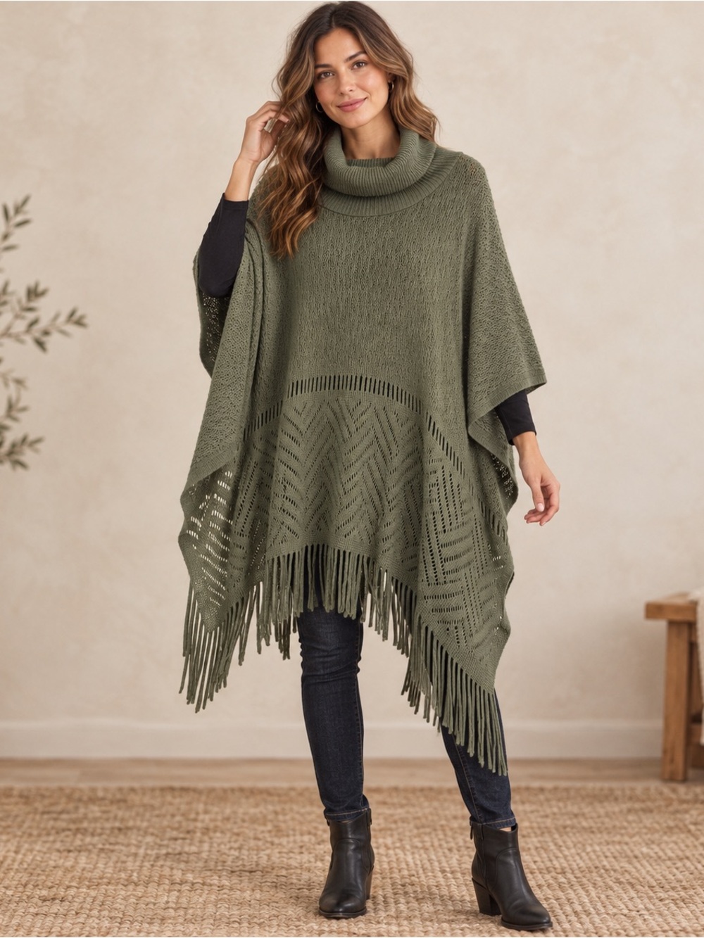 Fringe Olive Green Cowl Neck Open Knit Fringe Poncho Boho Earthy Layering OS